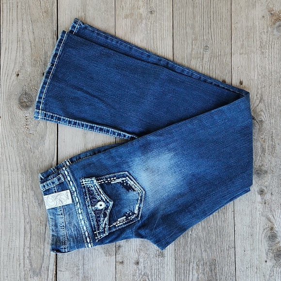 Vanity Denim - Premium Vanity Size 26 x 33L Original Bootcut Rhinestone Pocket Jeans Dark Wash